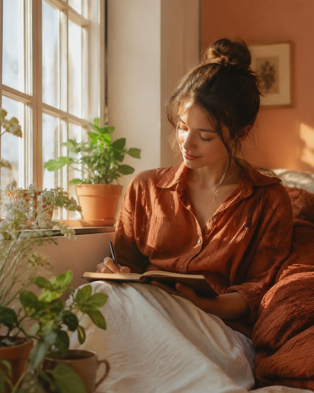 Young woman journaling in warm sunlight